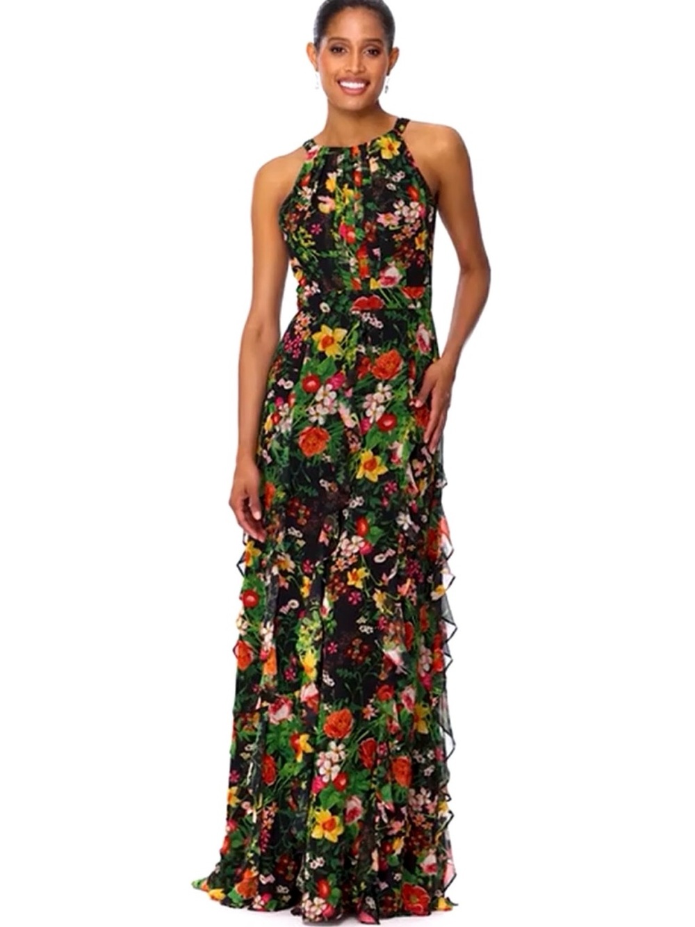 Betsy & Adam Black Floral Ruffle Maxi Dress